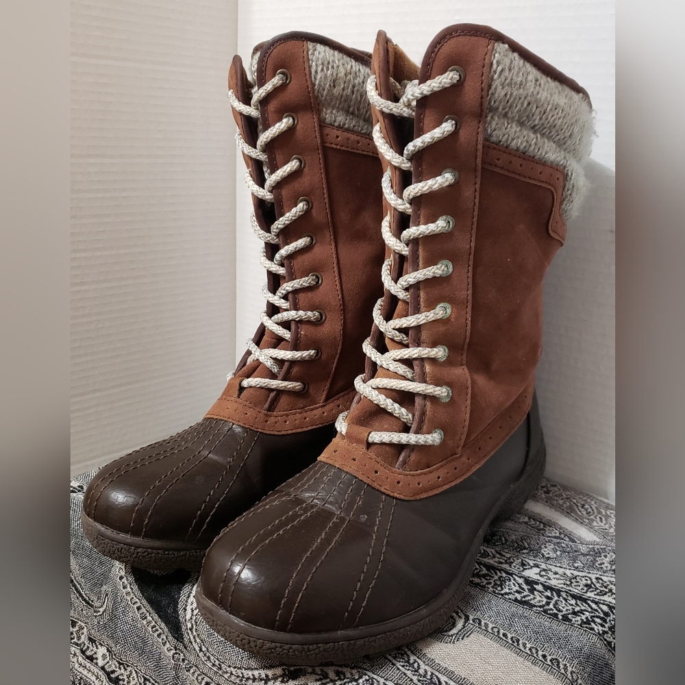 London Fog | Brown Faux Leather/Suede Lace Up Winter Boots W/ Knit Trim | Size 9